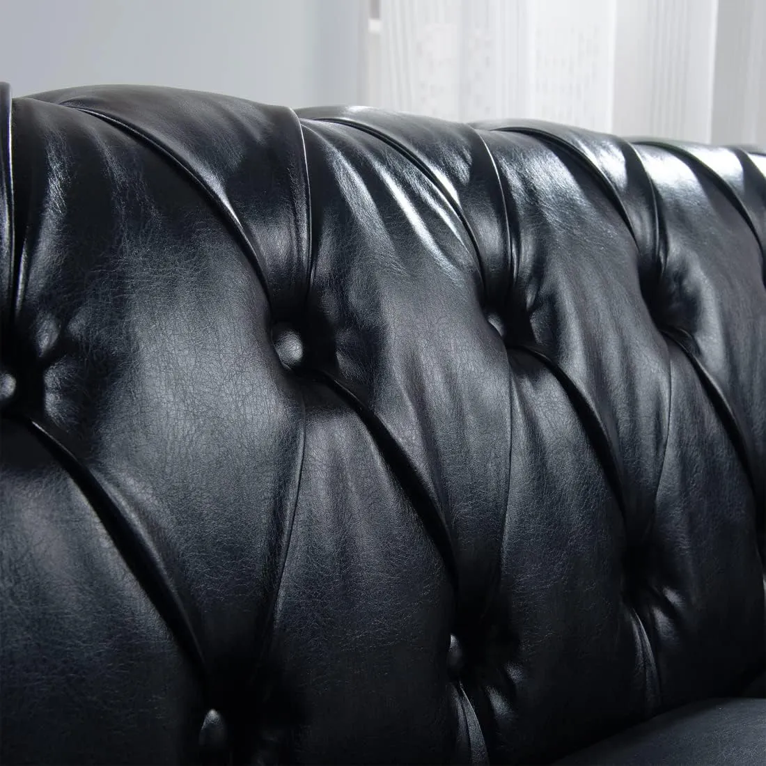 Chesterfield Luxury PU Leather 3 Seater Sofa Couch,Classic Tufted Button and Nailhead Rolled Arm for Office Living Room,Black