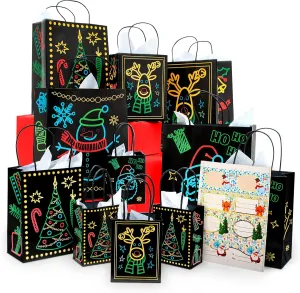Christmas Holiday Glow-in-The-Dark Gift Bag, 22 Piece 11 Bags of 4 Different Designs, 3 Sizes Large Medium Small, 10 Stickers Labels, 11 White Tissue Papers, Gift Set with Unique Luminous Festive