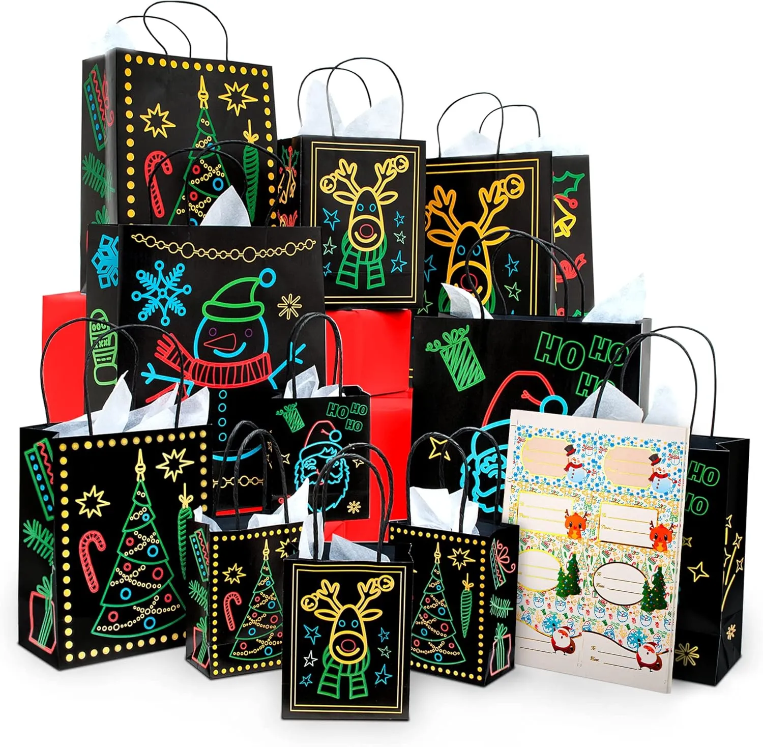 Christmas Holiday Glow-in-The-Dark Gift Bag, 22 Piece 11 Bags of 4 Different Designs, 3 Sizes Large Medium Small, 10 Stickers Labels, 11 White Tissue Papers, Gift Set with Unique Luminous Festive