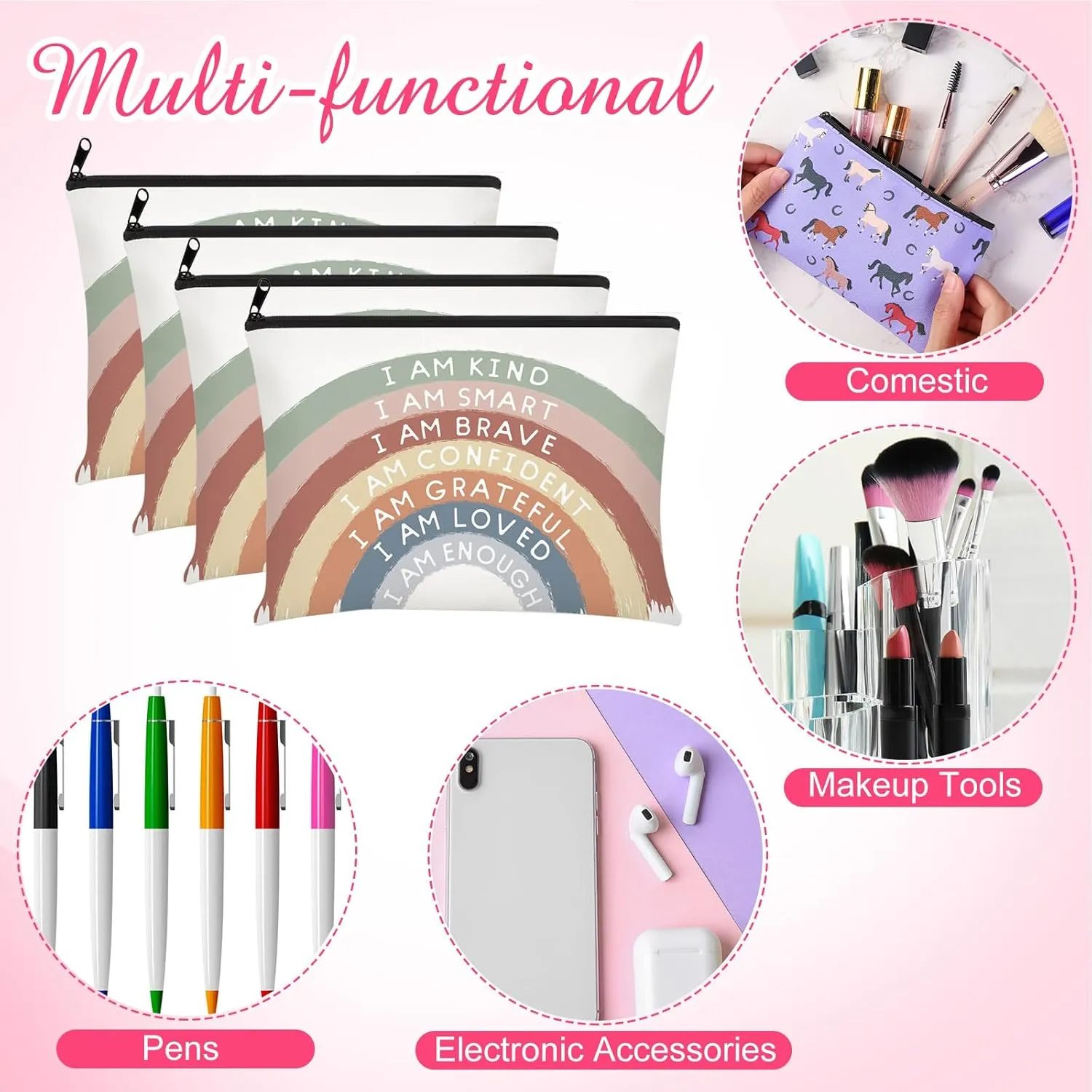 Chunful 10 Pieces Inspirational Canvas Makeup Bags for Women Graduation Gift Rainbow Canvas Cosmetic Bags Bulk with Zipper Friendship Gift Travel Toiletry Pouch(Motivation)