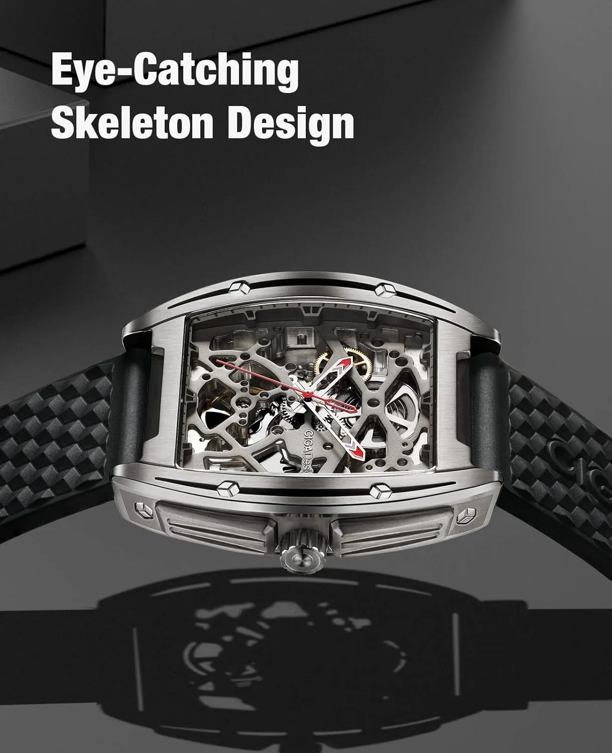CIGA Design Skeleton Watch Z Series Titanium Automatic Mechanical Wristwatch Sapphire Tonneau Analog Men's Watches 3ATM Waterproof with Removable Silicone and Leather Strap Unisex Steampunk Gift