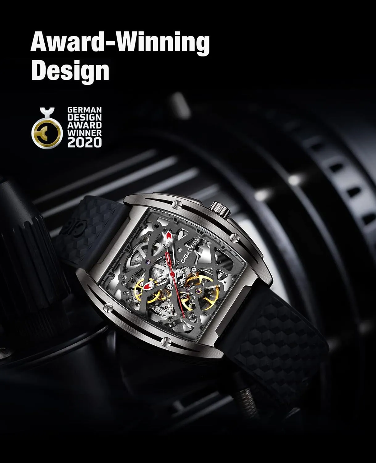 CIGA Design Skeleton Watch Z Series Titanium Automatic Mechanical Wristwatch Sapphire Tonneau Analog Men's Watches 3ATM Waterproof with Removable Silicone and Leather Strap Unisex Steampunk Gift