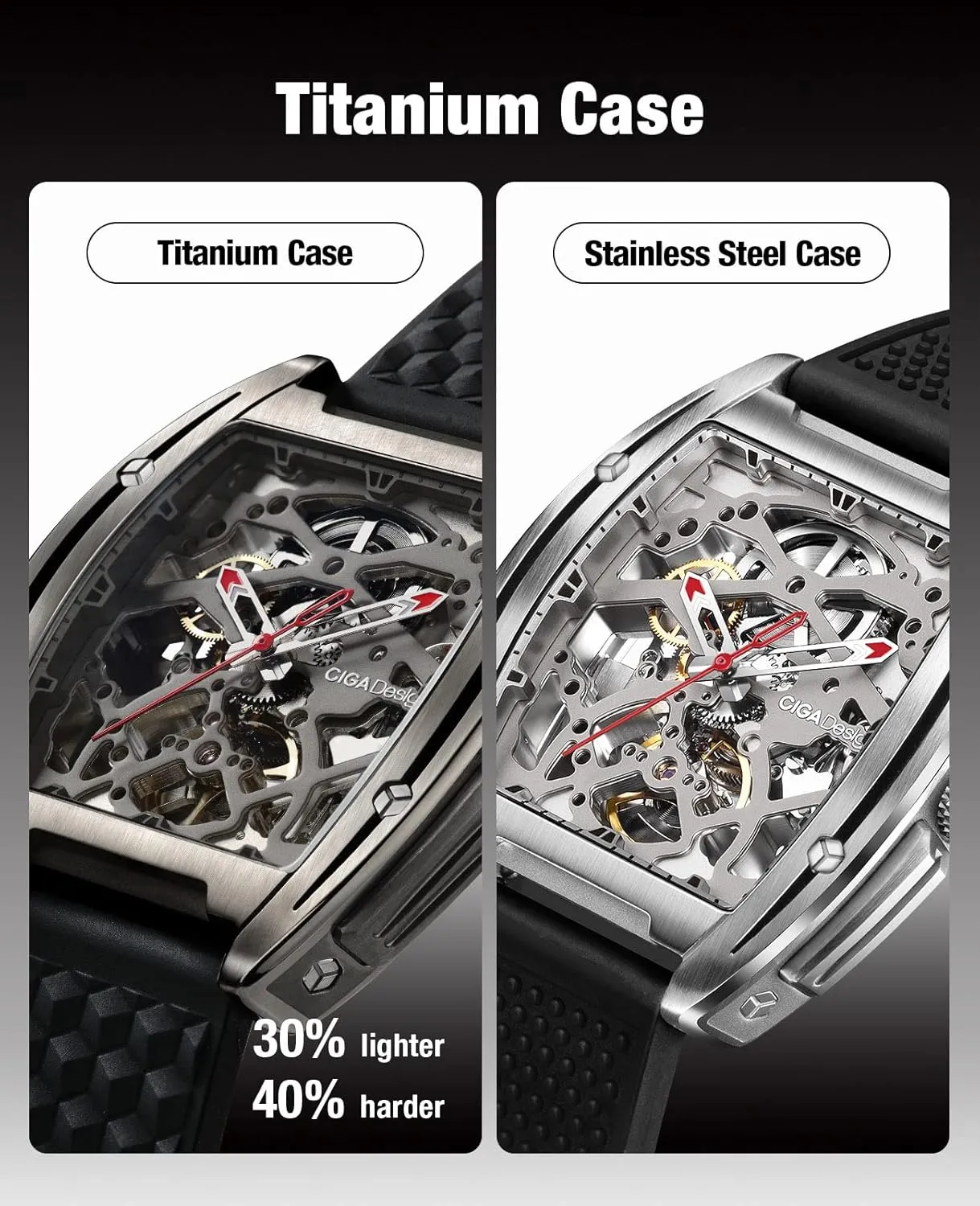 CIGA Design Skeleton Watch Z Series Titanium Automatic Mechanical Wristwatch Sapphire Tonneau Analog Men's Watches 3ATM Waterproof with Removable Silicone and Leather Strap Unisex Steampunk Gift