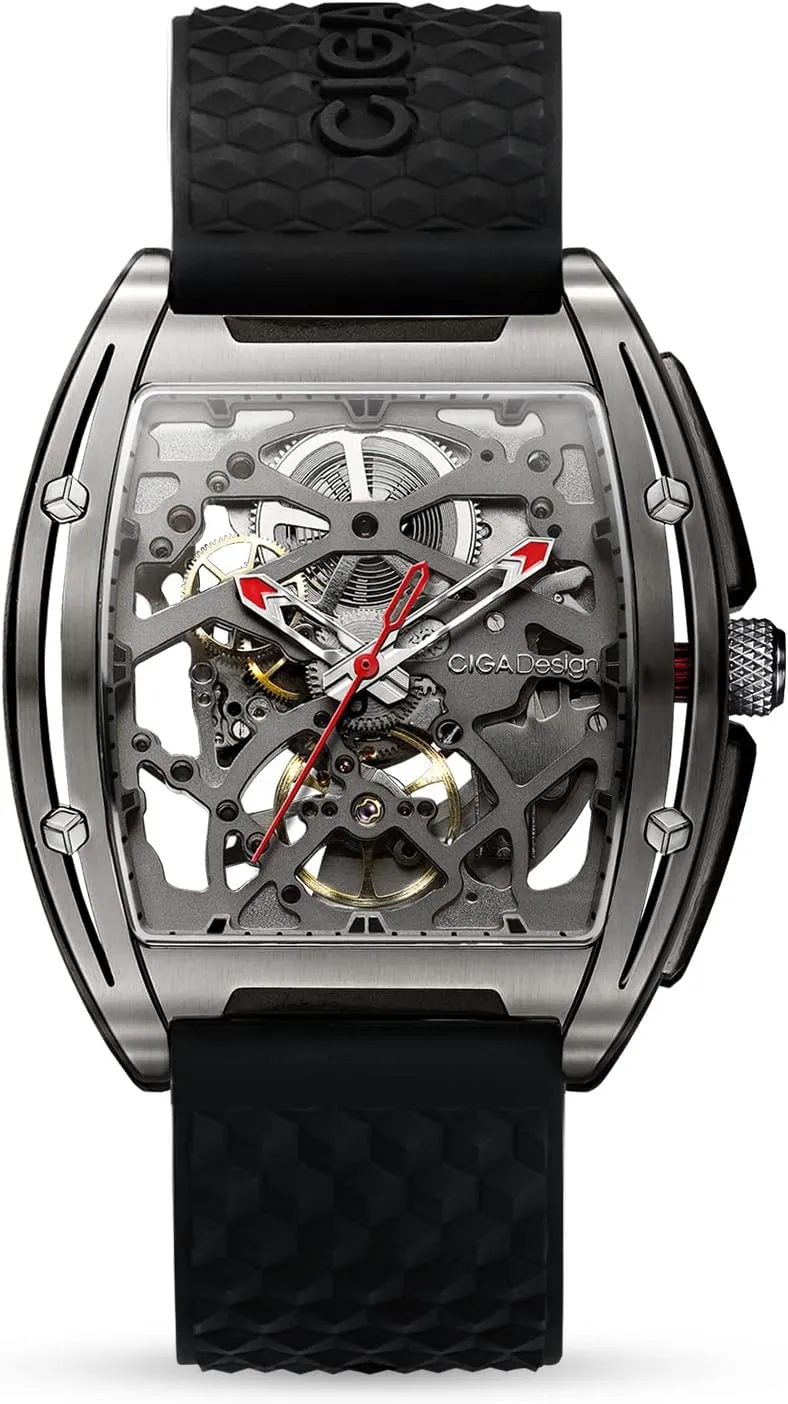 CIGA Design Skeleton Watch Z Series Titanium Automatic Mechanical Wristwatch Sapphire Tonneau Analog Men's Watches 3ATM Waterproof with Removable Silicone and Leather Strap Unisex Steampunk Gift