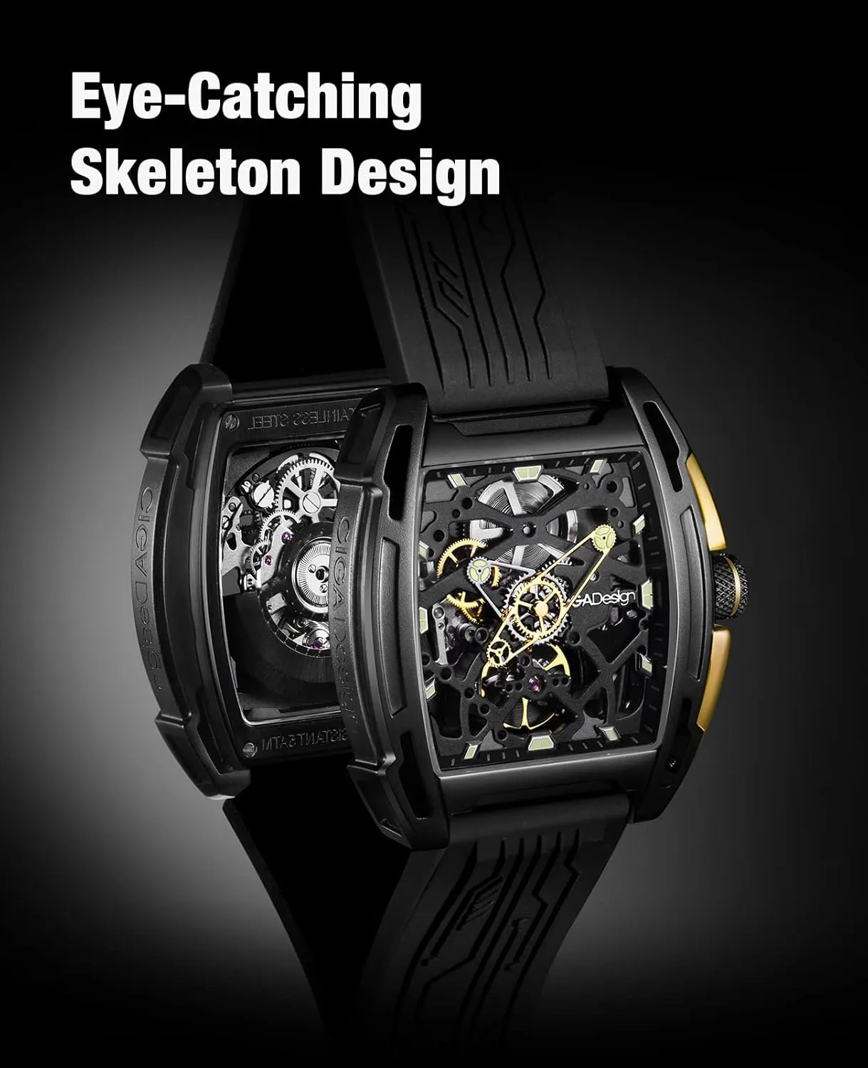 CIGA Design Z Series Automatic Mechanical Watch, Luxury Skeleton Wristwatch Tonneau with Leather and Silicone Strap Stainless Steel Business Dress Waterproof Timepiece Gifts for Men and Women