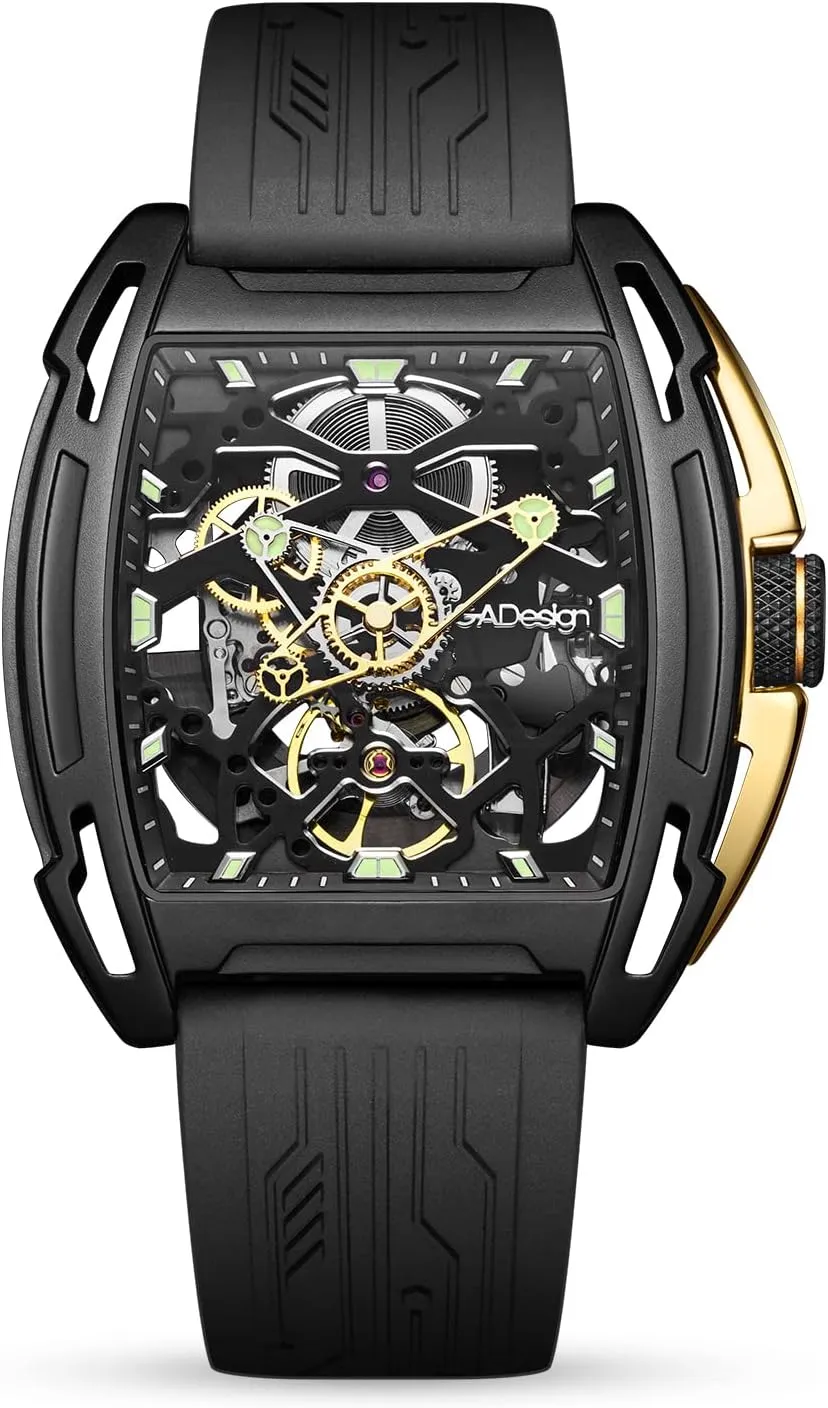 CIGA Design Z Series Automatic Mechanical Watch, Luxury Skeleton Wristwatch Tonneau with Leather and Silicone Strap Stainless Steel Business Dress Waterproof Timepiece Gifts for Men and Women
