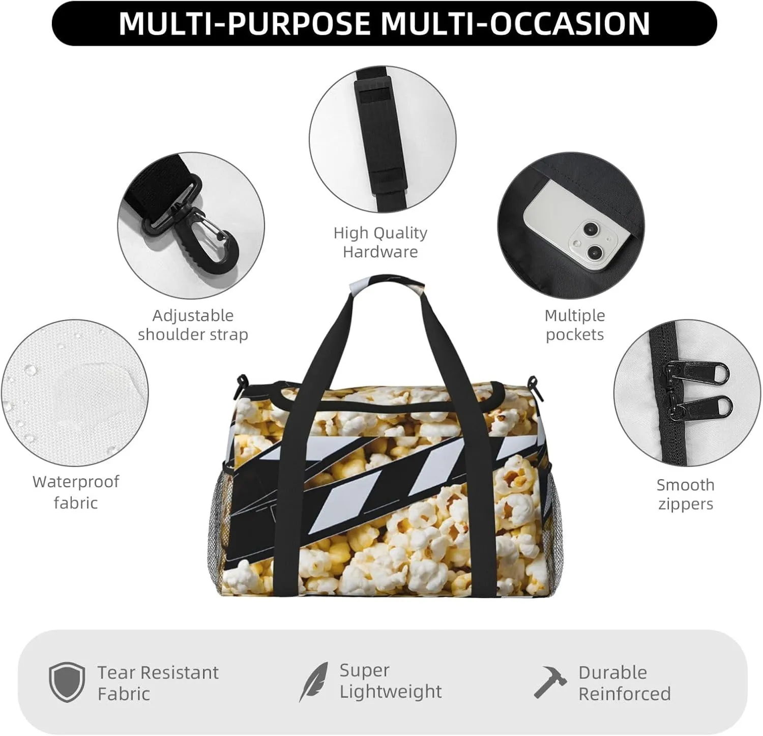 Cinema Movie Clapboard And Popcorn Durable Portable Crossbody Travel Bag, A Good Companion For Long-Distance Travel