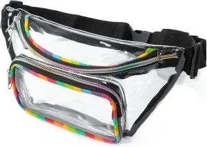 Clear Waist Bag for Stadium Events, Concerts, Festivals, Stadium Approved, Size 11"L x 2.5"W x 5.5"H, Rainbow Cotton Canvas, Colorful Zippers, Adjustable Straps, 2 Compartments, Thick Durable Strap