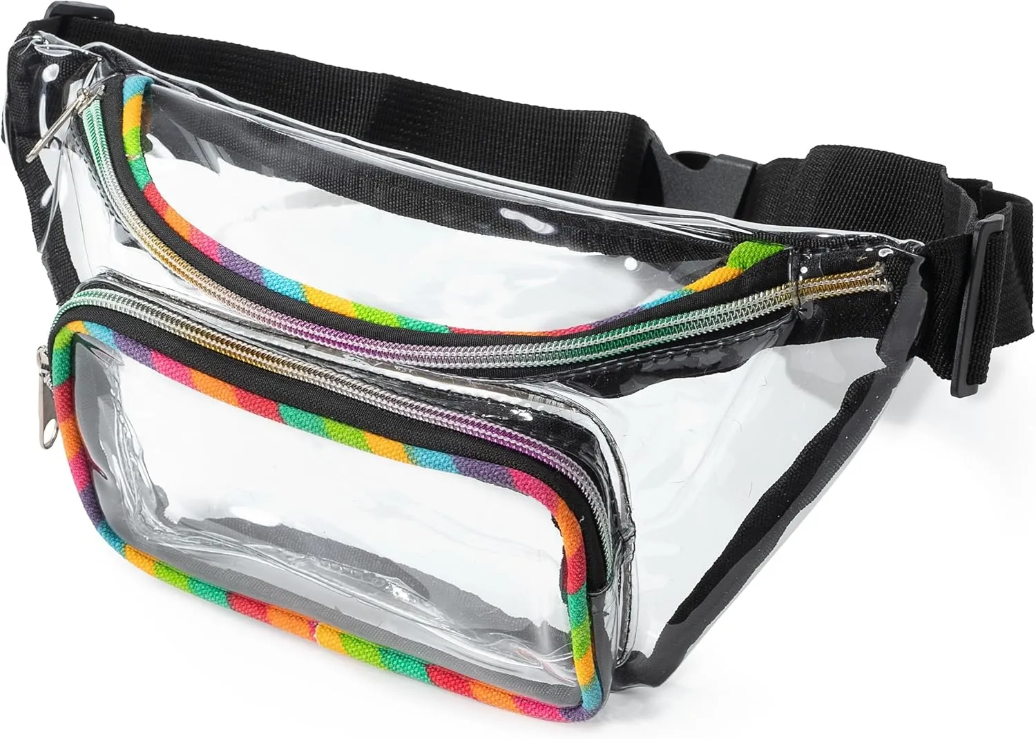 Clear Waist Bag for Stadium Events, Concerts, Festivals, Stadium Approved, Size 11"L x 2.5"W x 5.5"H, Rainbow Cotton Canvas, Colorful Zippers, Adjustable Straps, 2 Compartments, Thick Durable Strap