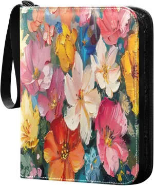 Colorful Flower Painting Card Binder 4-Pocket, 400 Pockets Trading Cards Holder Games Card Albums Storage Organizer Case for Football, Baseball Cards