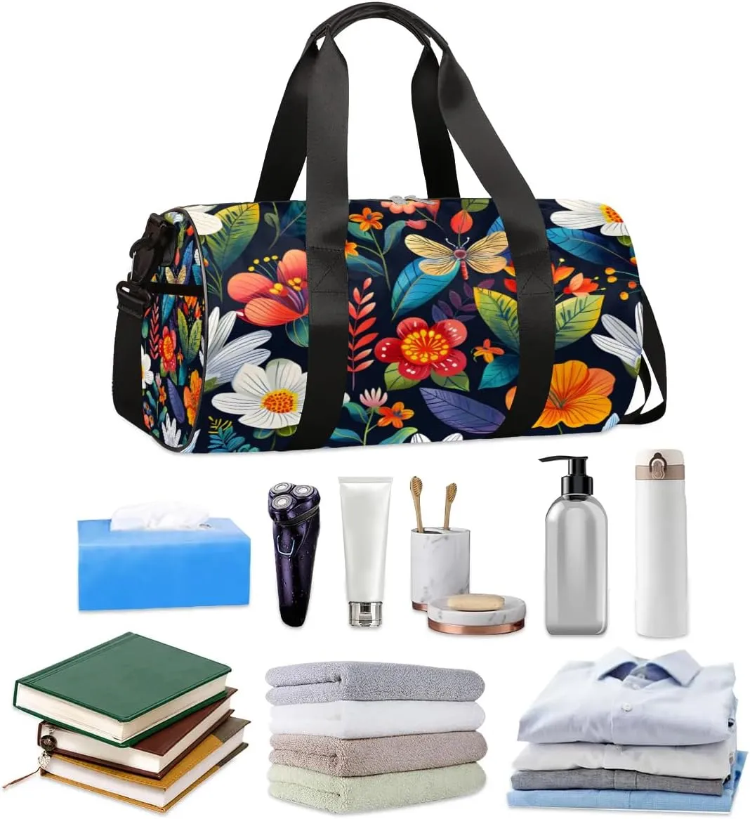 Colorful Flowers Dragonfly Travel Duffle Bag Gym Bag for Women Men Lightweight Carry on Duffel Bag for Sports Gyms Weekend Getaway