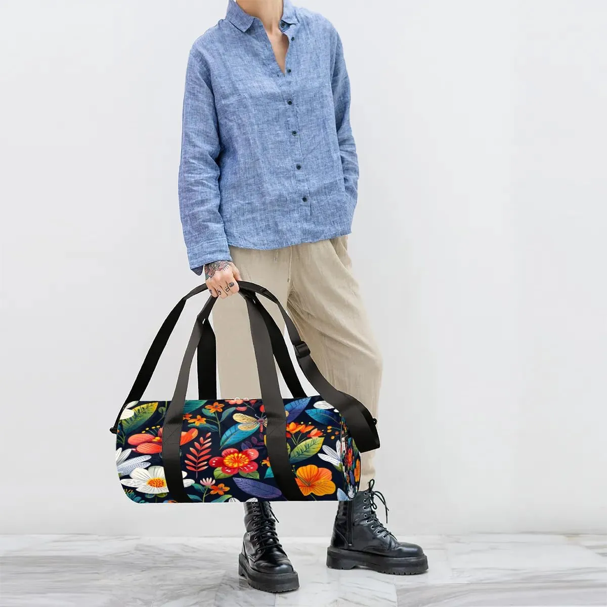 Colorful Flowers Dragonfly Travel Duffle Bag Gym Bag for Women Men Lightweight Carry on Duffel Bag for Sports Gyms Weekend Getaway