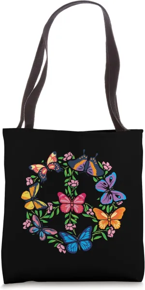 Colorful Peace Butterfly Lover Hippie Peace Sign Flower Tote Bag