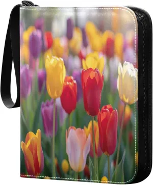 Colorful Tulips Card Binder 4-Pocket, 400 Pockets Trading Cards Holder Games Card Albums Storage Organizer Case for Football, Baseball Cards