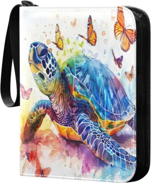 Colorful Watercolor Turtle Card Binder 4-Pocket, 400 Pockets Trading Cards Holder Games Card Albums Storage Organizer Case for Football, Baseball Cards