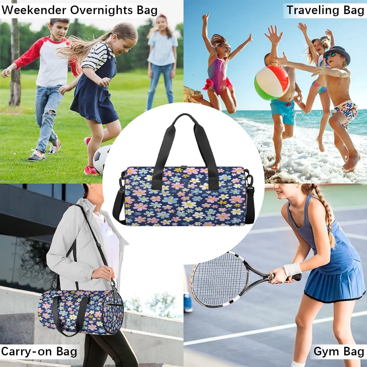 Cool Blue Pink Sports Duffel Bag with Shoulder Strap, Large Capacity Gym Bag with Shoe Compartment, Water Resistant Travel Duffle Bag for Men Women Travel, Sports (17.6x9x9 Inch)