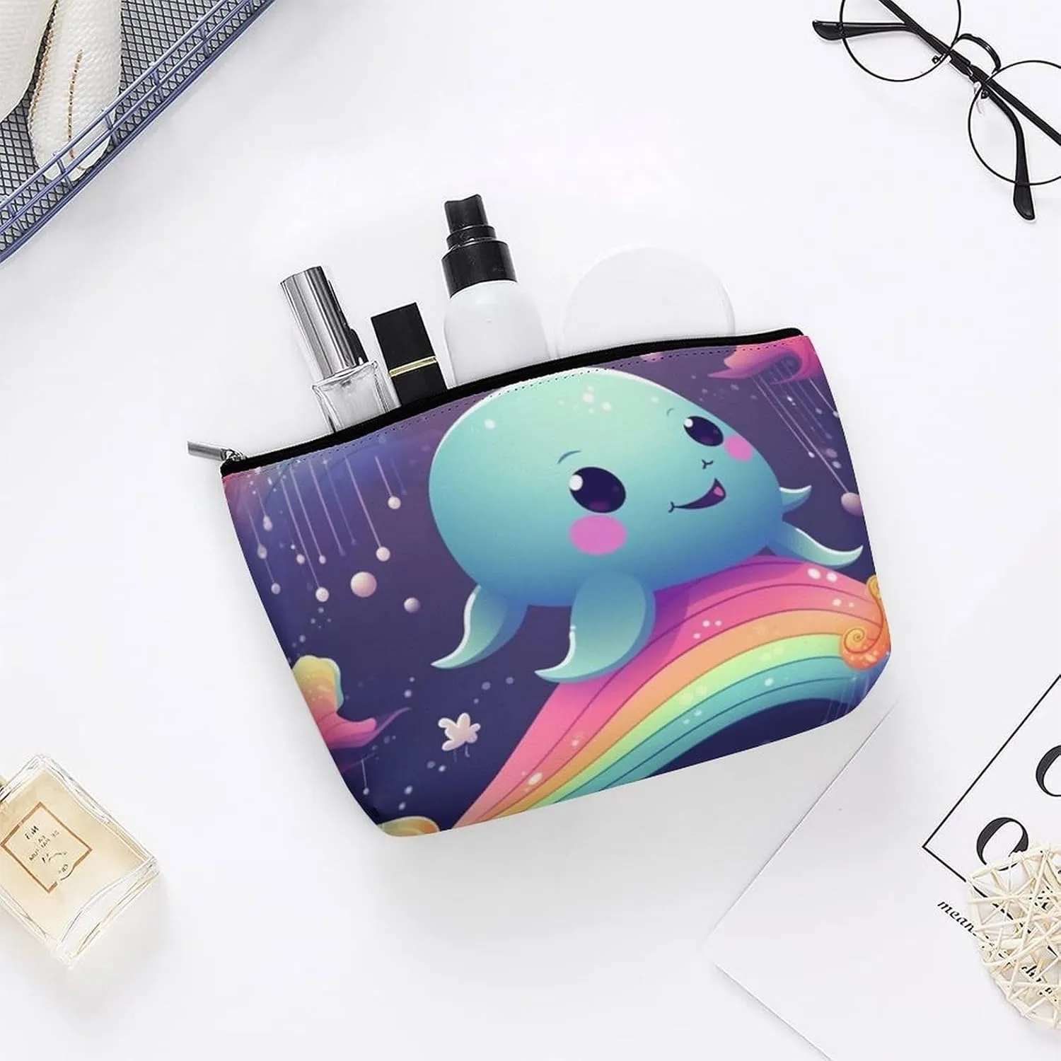 Cosmetic Bag Travel Makeup Bag Waterproof Toiletry Bag Cute Sea Animal Rainbow Makeup Organizer Case Portable Toiletry Pouch Large Capacity Zipper Pouch for Women Men