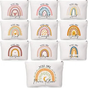 Coume 10 Pcs Rainbow Canvas Makeup Bags Bulk Inspirational Quotes Cosmetic Zipper Personalized Encouragement Travel Pouch Toiletry Bag for Women Girls Teacher Friend Birthday