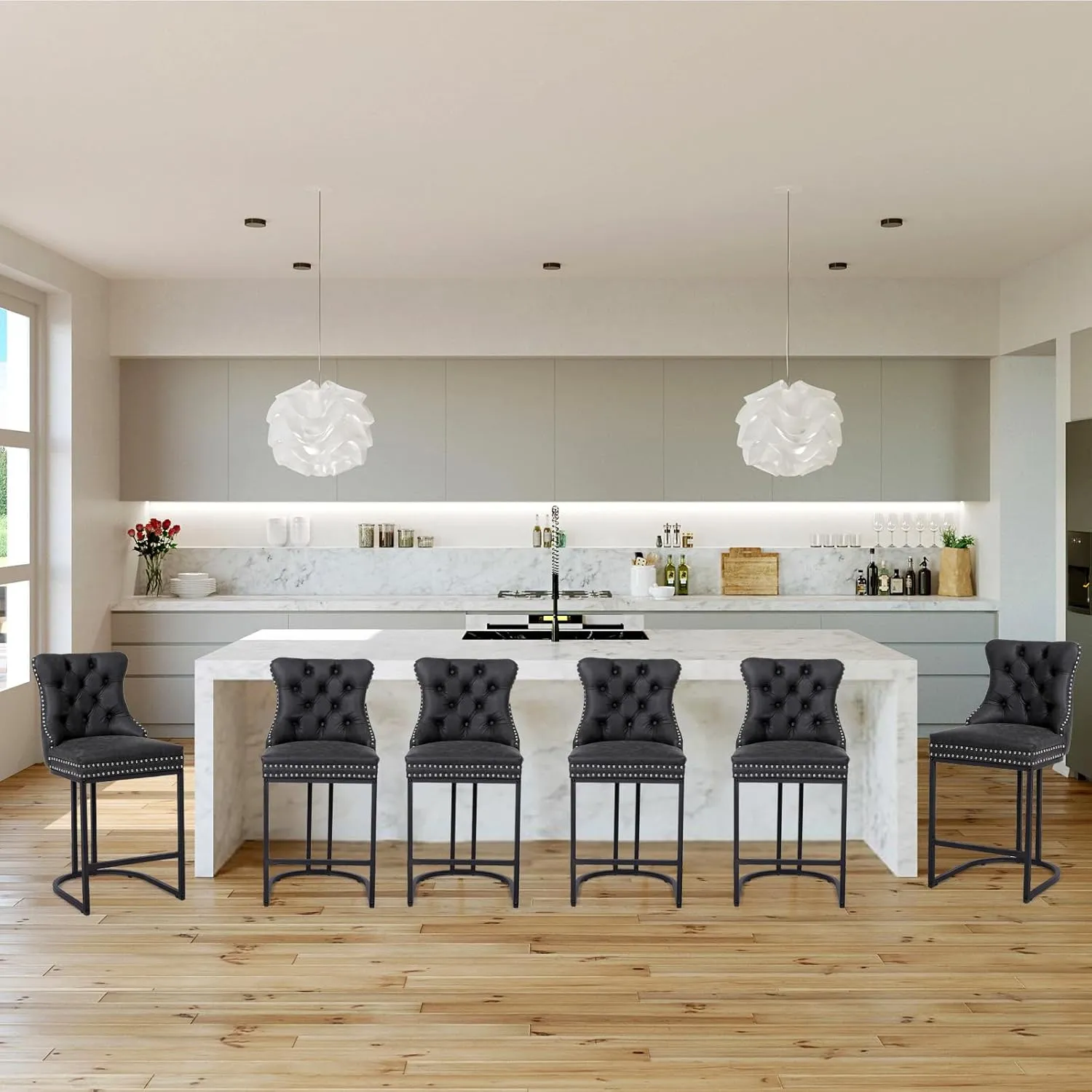 Counter Height Bar Stools Set of 3, 24" Modern Barstools with Back, Faux Leather Upholstery Counter Chairs with Metal Legs Rivet Decor for Kitchen Island, Bar, Counter, Black
