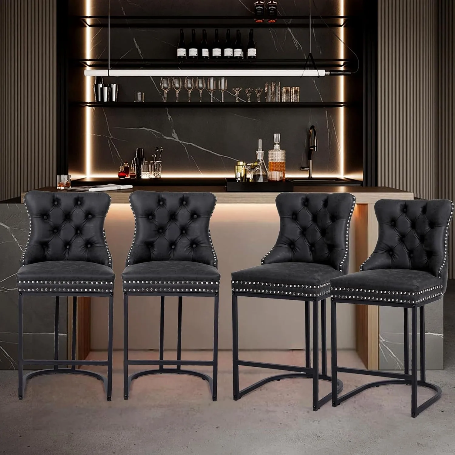 Counter Height Bar Stools Set of 3, 24" Modern Barstools with Back, Faux Leather Upholstery Counter Chairs with Metal Legs Rivet Decor for Kitchen Island, Bar, Counter, Black