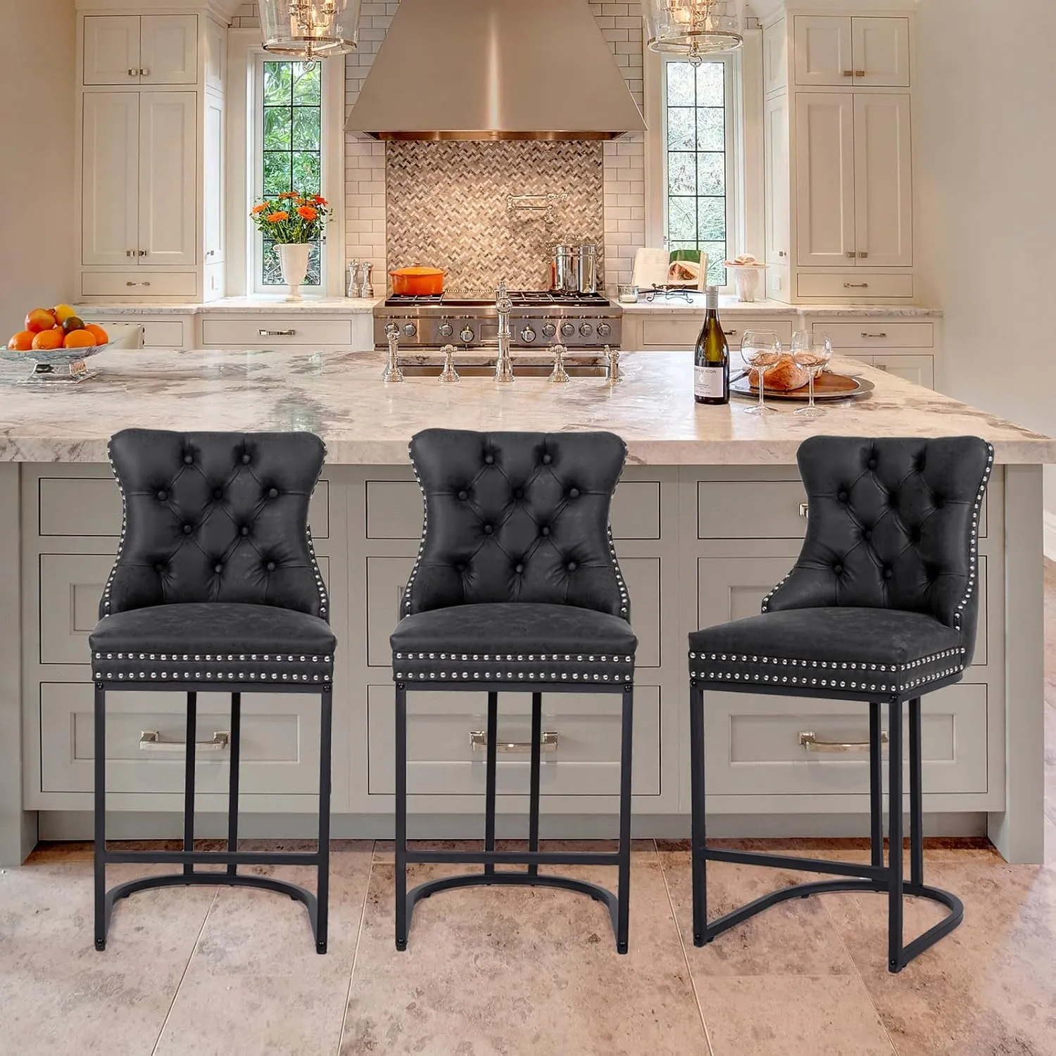 Counter Height Bar Stools Set of 3, 24" Modern Barstools with Back, Faux Leather Upholstery Counter Chairs with Metal Legs Rivet Decor for Kitchen Island, Bar, Counter, Black