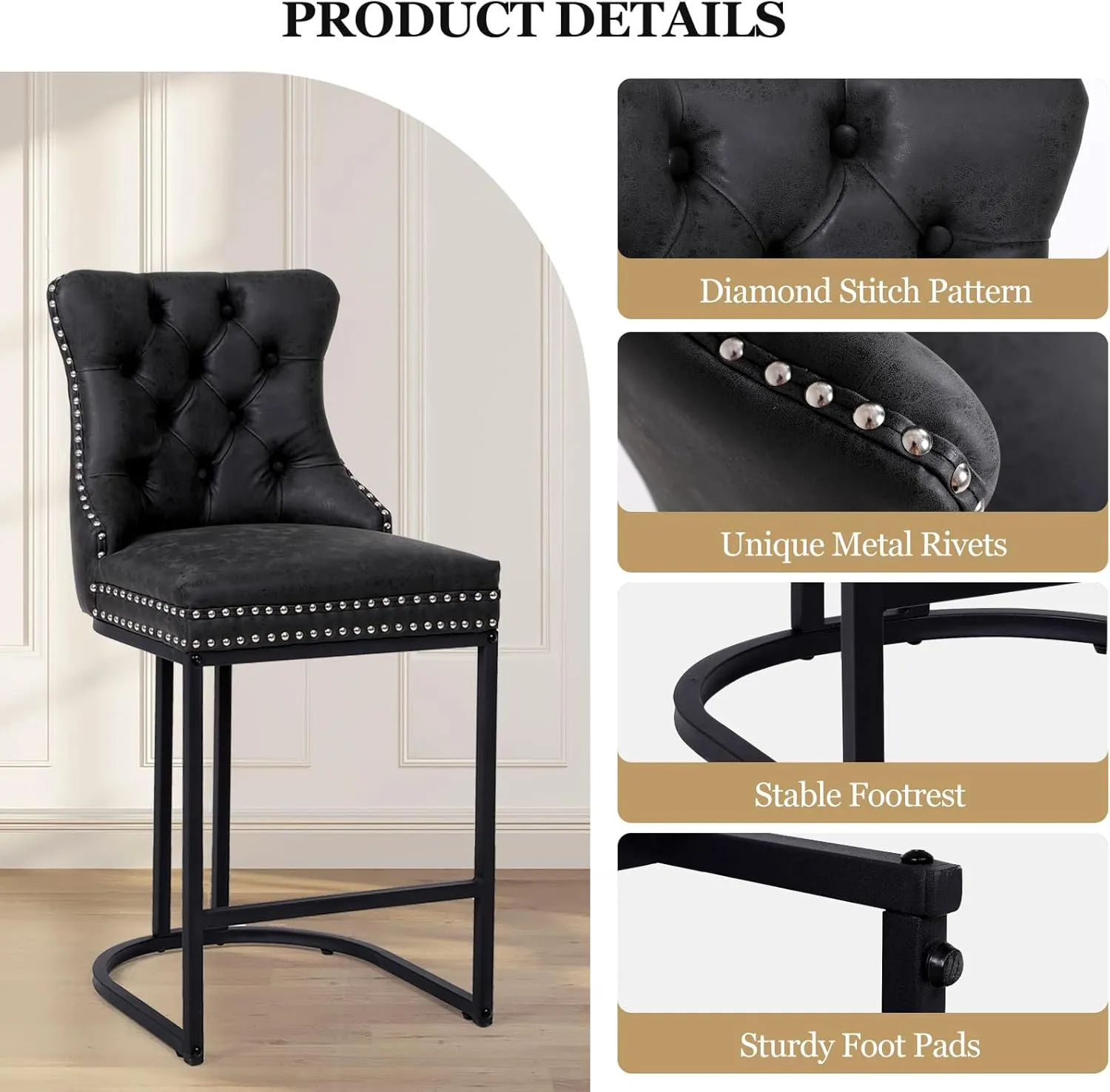 Counter Height Bar Stools Set of 3, 24" Modern Barstools with Back, Faux Leather Upholstery Counter Chairs with Metal Legs Rivet Decor for Kitchen Island, Bar, Counter, Black