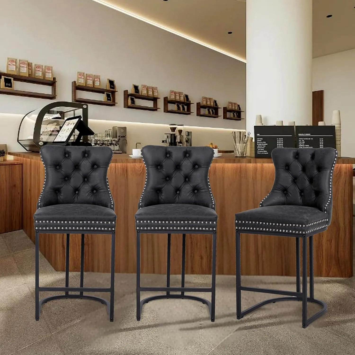 Counter Height Bar Stools Set of 3, 24" Modern Barstools with Back, Faux Leather Upholstery Counter Chairs with Metal Legs Rivet Decor for Kitchen Island, Bar, Counter, Black
