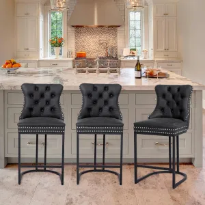 Counter Height Bar Stools Set of 3, 24" Modern Barstools with Back, Faux Leather Upholstery Counter Chairs with Metal Legs Rivet Decor for Kitchen Island, Bar, Counter, Black