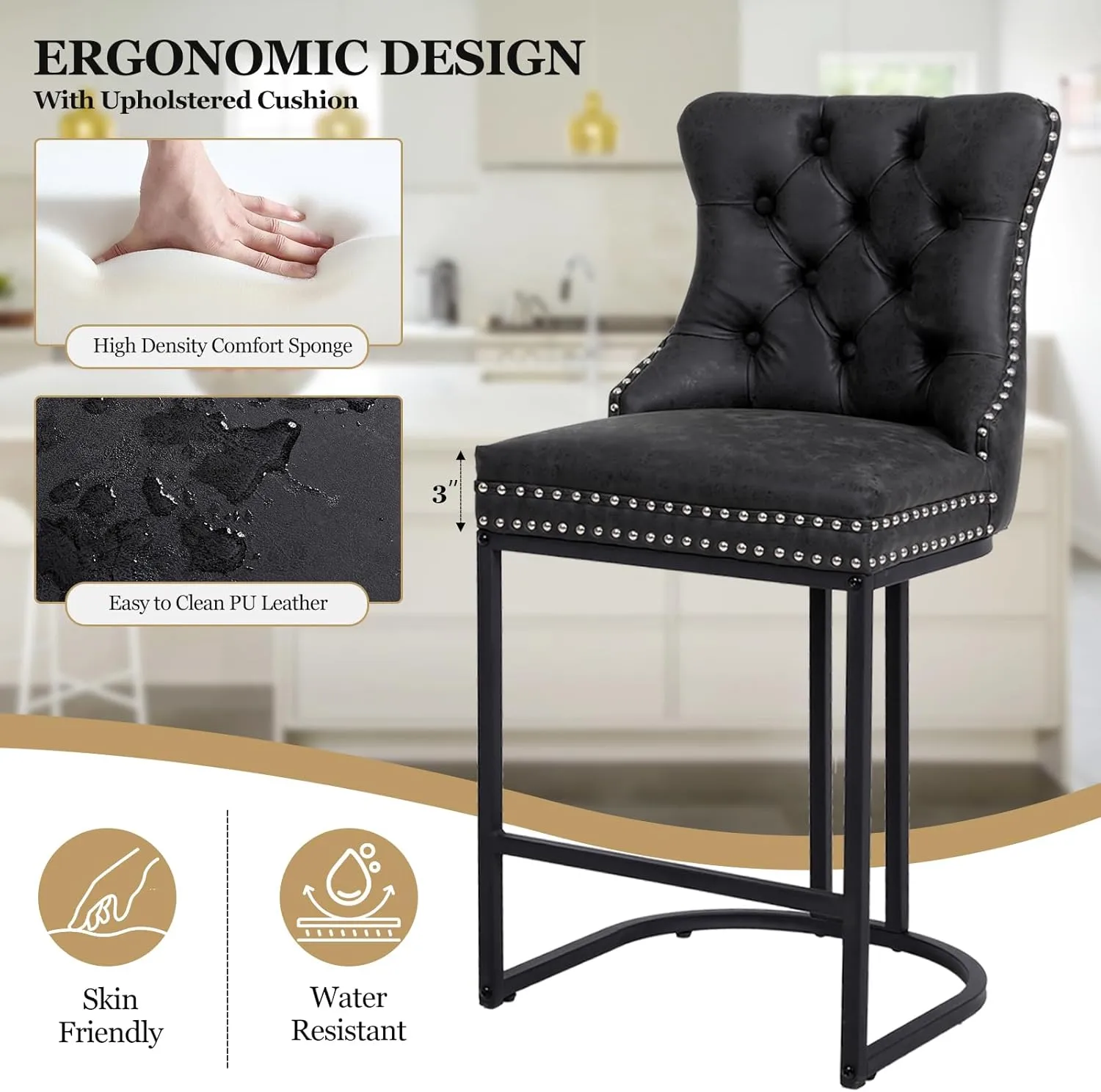 Counter Height Bar Stools Set of 3, 24" Modern Barstools with Back, Faux Leather Upholstery Counter Chairs with Metal Legs Rivet Decor for Kitchen Island, Bar, Counter, Black