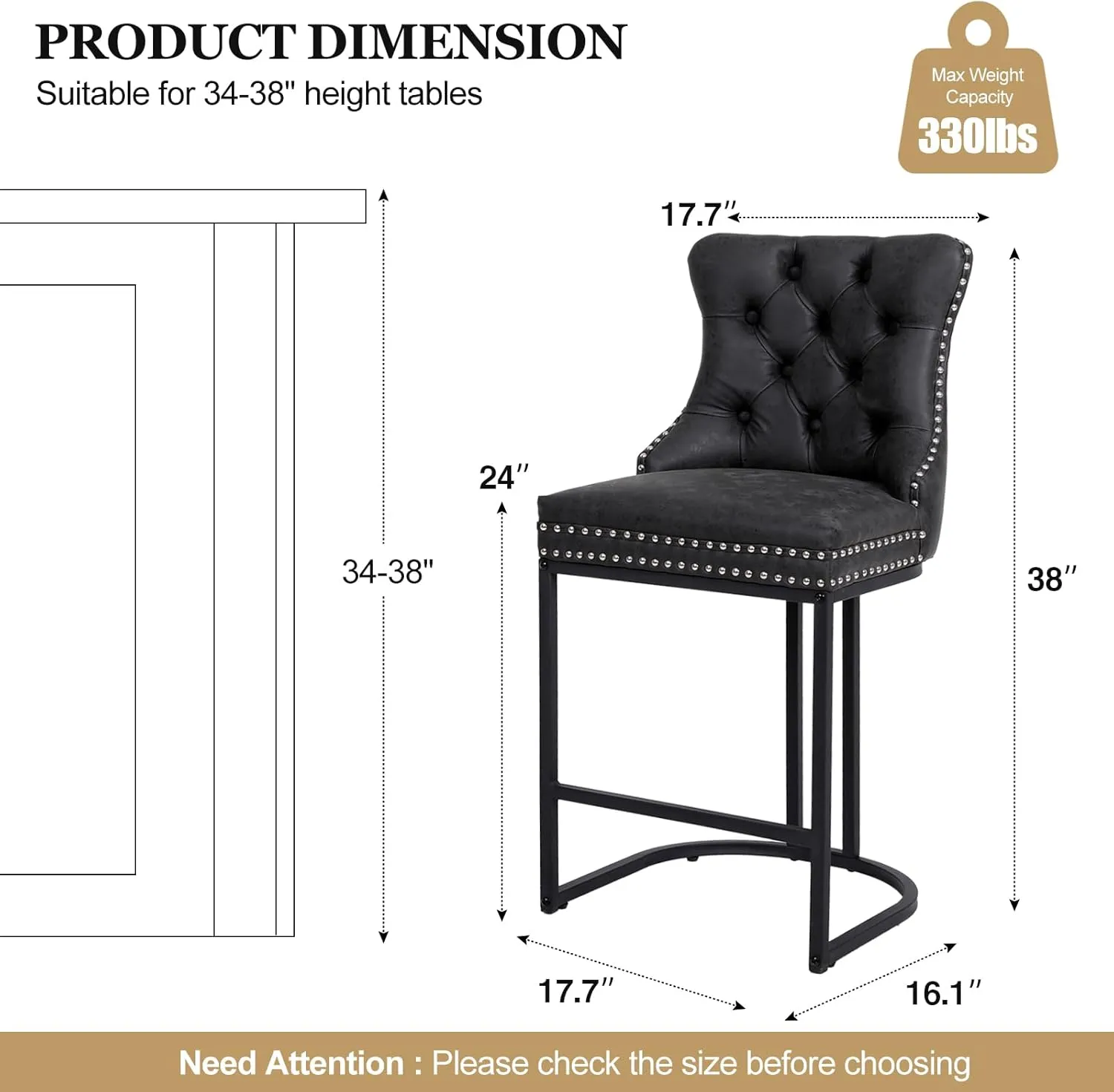 Counter Height Bar Stools Set of 3, 24" Modern Barstools with Back, Faux Leather Upholstery Counter Chairs with Metal Legs Rivet Decor for Kitchen Island, Bar, Counter, Black