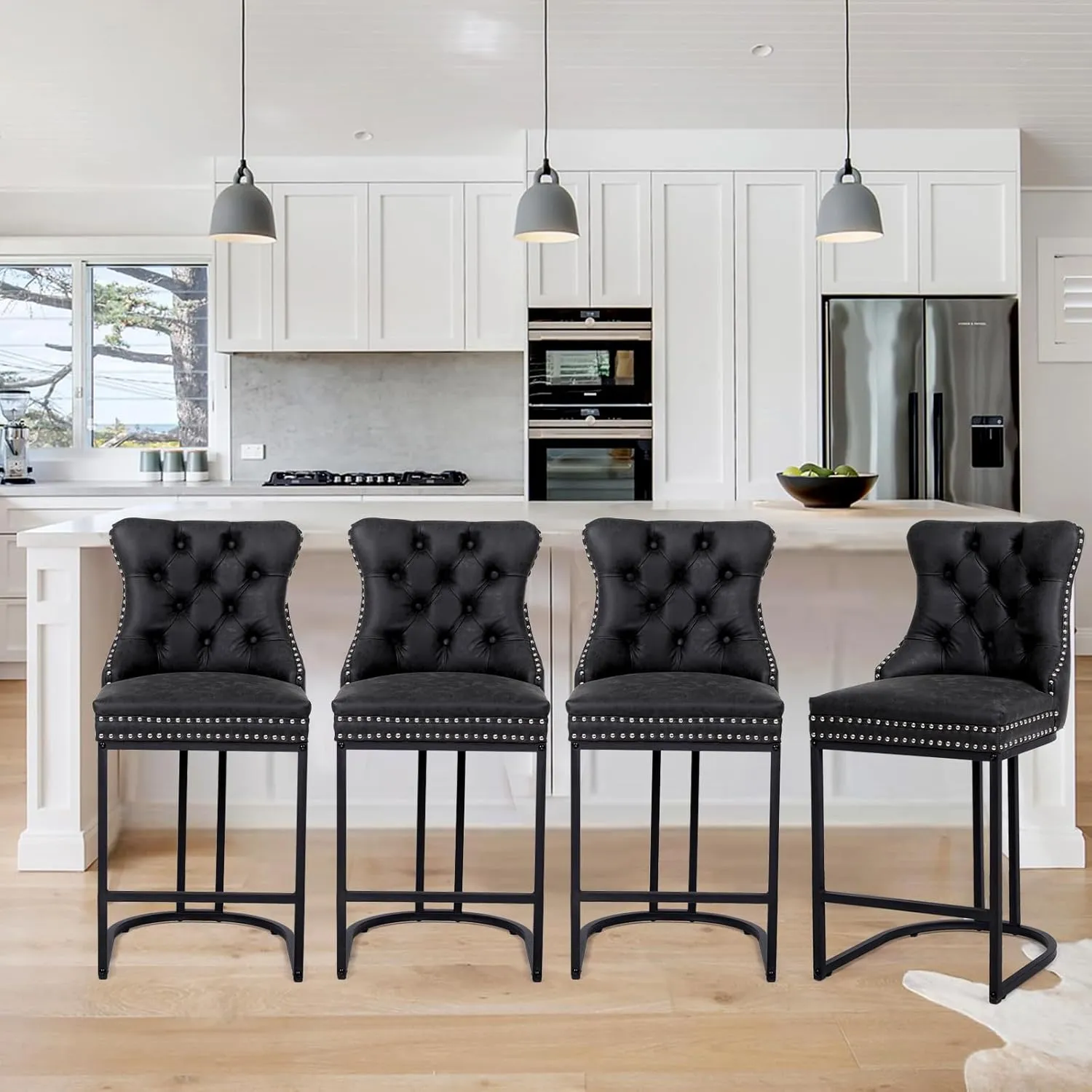 Counter Height Bar Stools Set of 3, 24" Modern Barstools with Back, Faux Leather Upholstery Counter Chairs with Metal Legs Rivet Decor for Kitchen Island, Bar, Counter, Black