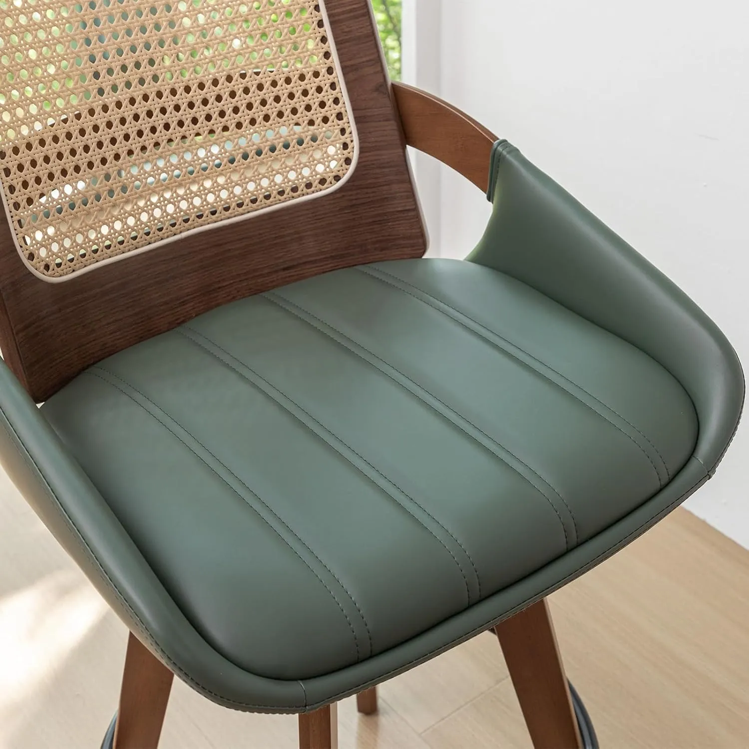 Counter Stools Set of 2 - 26.4 inch Counter Height Swivel Bar Stools with Cane Back, Curved Arms, Faux Leather Upholstered Seat, Counter Chairs for Island/Pub/Kitchen/Cafe (26" Seat Height, Green)