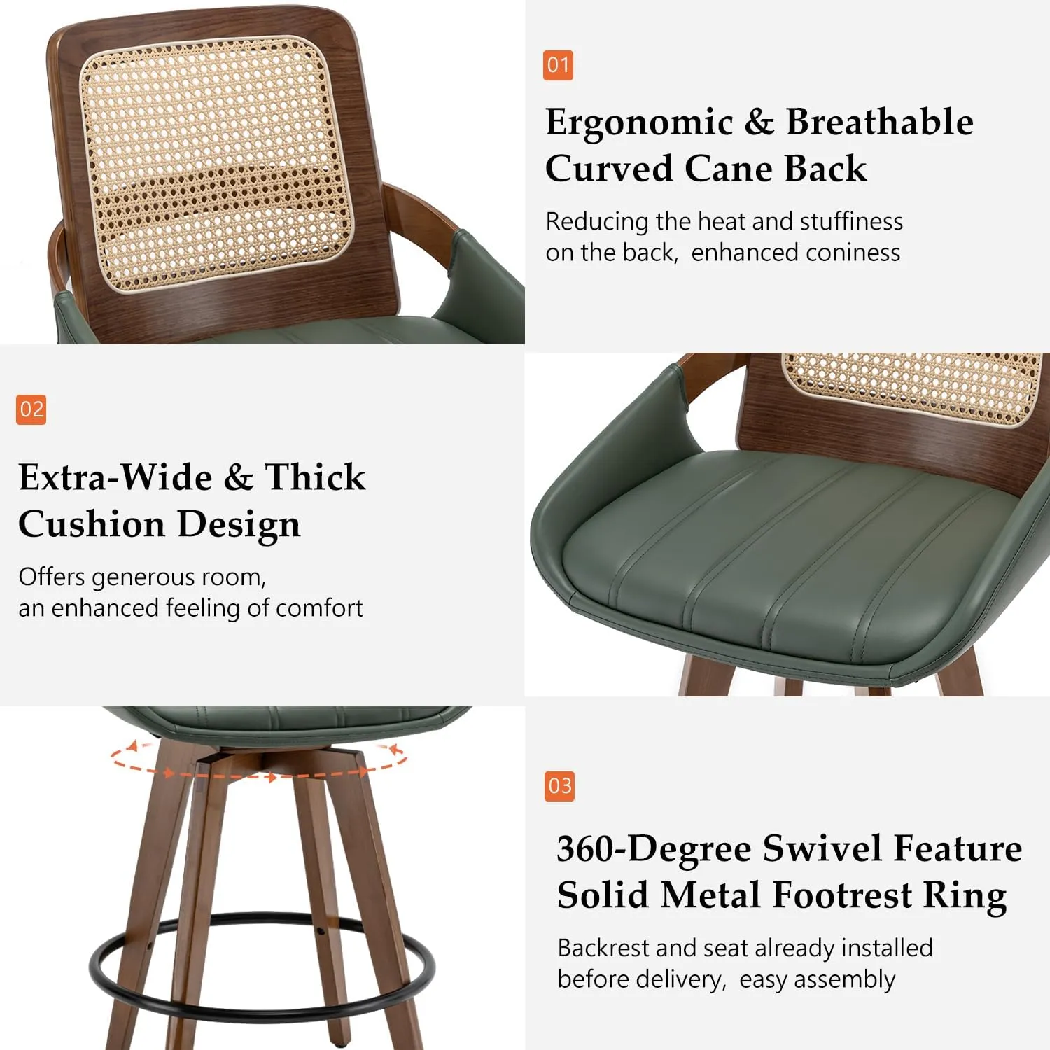 Counter Stools Set of 2 - 26.4 inch Counter Height Swivel Bar Stools with Cane Back, Curved Arms, Faux Leather Upholstered Seat, Counter Chairs for Island/Pub/Kitchen/Cafe (26" Seat Height, Green)