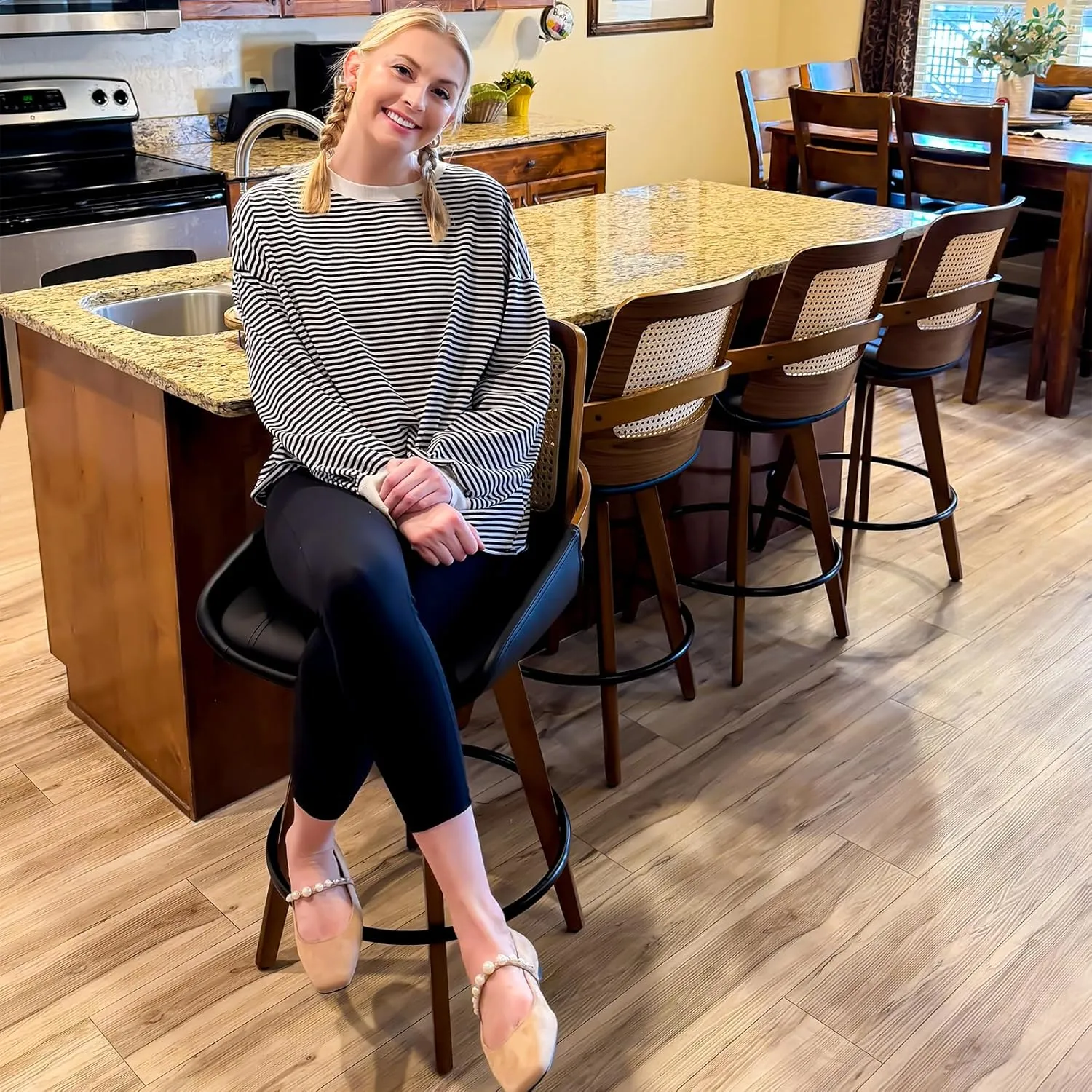 Counter Stools Set of 2 - 26.4 inch Counter Height Swivel Bar Stools with Cane Back, Curved Arms, Faux Leather Upholstered Seat, Counter Chairs for Island/Pub/Kitchen/Cafe (26" Seat Height, Green)
