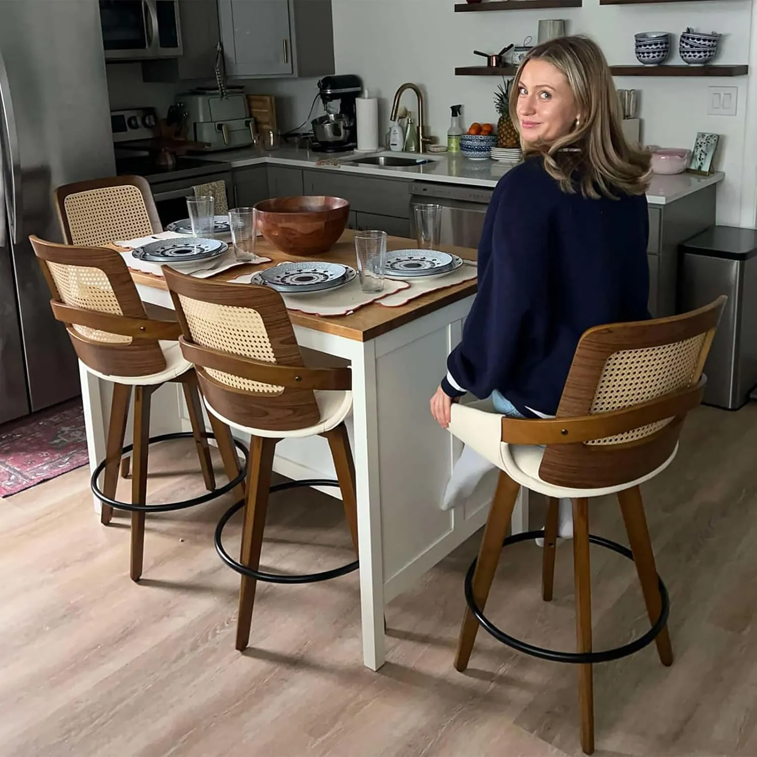 Counter Stools Set of 2 - 26.4 inch Counter Height Swivel Bar Stools with Cane Back, Curved Arms, Faux Leather Upholstered Seat, Counter Chairs for Island/Pub/Kitchen/Cafe (26" Seat Height, Green)