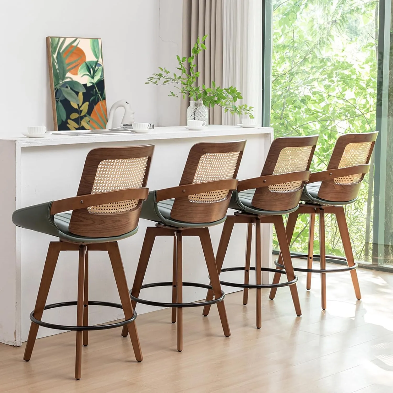 Counter Stools Set of 2 - 26.4 inch Counter Height Swivel Bar Stools with Cane Back, Curved Arms, Faux Leather Upholstered Seat, Counter Chairs for Island/Pub/Kitchen/Cafe (26" Seat Height, Green)