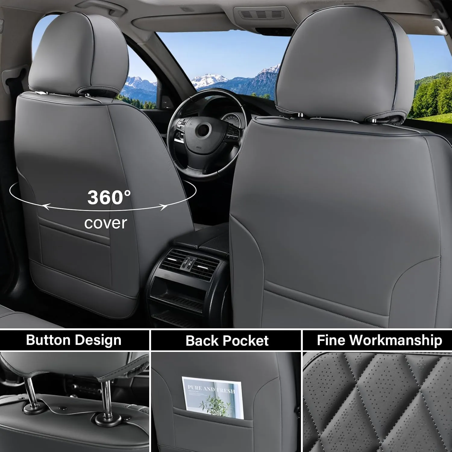 Coverado Car Seat Covers, Front Seat Cover, 2 Pack Luxury Faux Leather Seat Covers for Cars, Waterproof Car Seat Protector, Gray Car Seat Cover, Universal Car Seat Protectors Fit for Most Cars