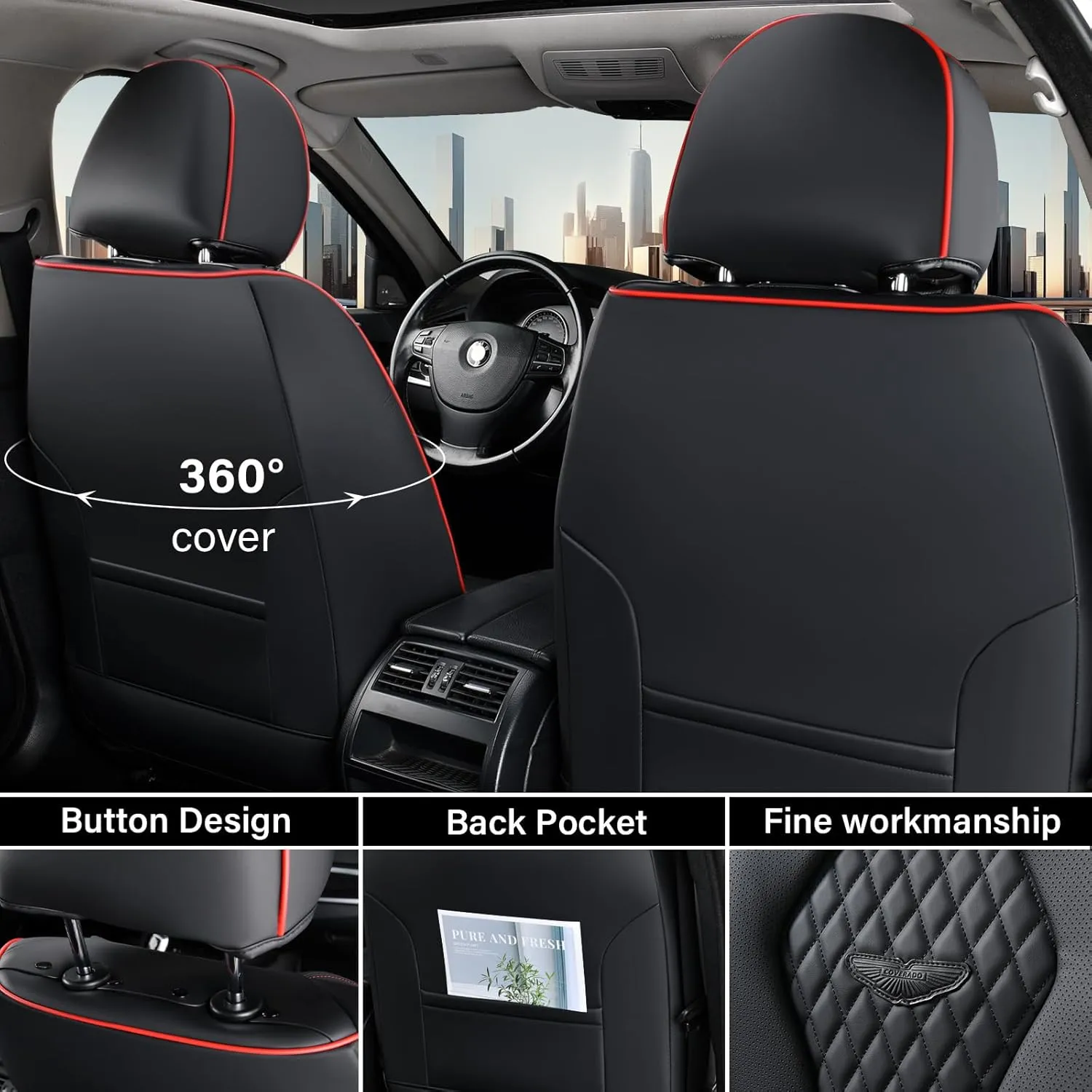 Coverado Car Seat Covers Full Set, Black Seat Covers, Waterproof Car Seat Cover, Car Seat Cushion, Car Seat Covers Front Seats Back Seat Covers, Car Seat Protector Universal Fit Most Cars Red Line