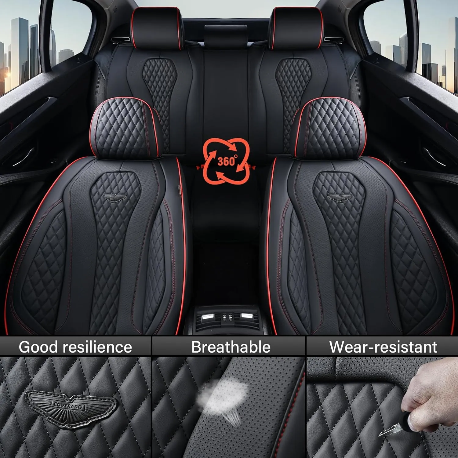 Coverado Car Seat Covers Full Set, Black Seat Covers, Waterproof Car Seat Cover, Car Seat Cushion, Car Seat Covers Front Seats Back Seat Covers, Car Seat Protector Universal Fit Most Cars Red Line