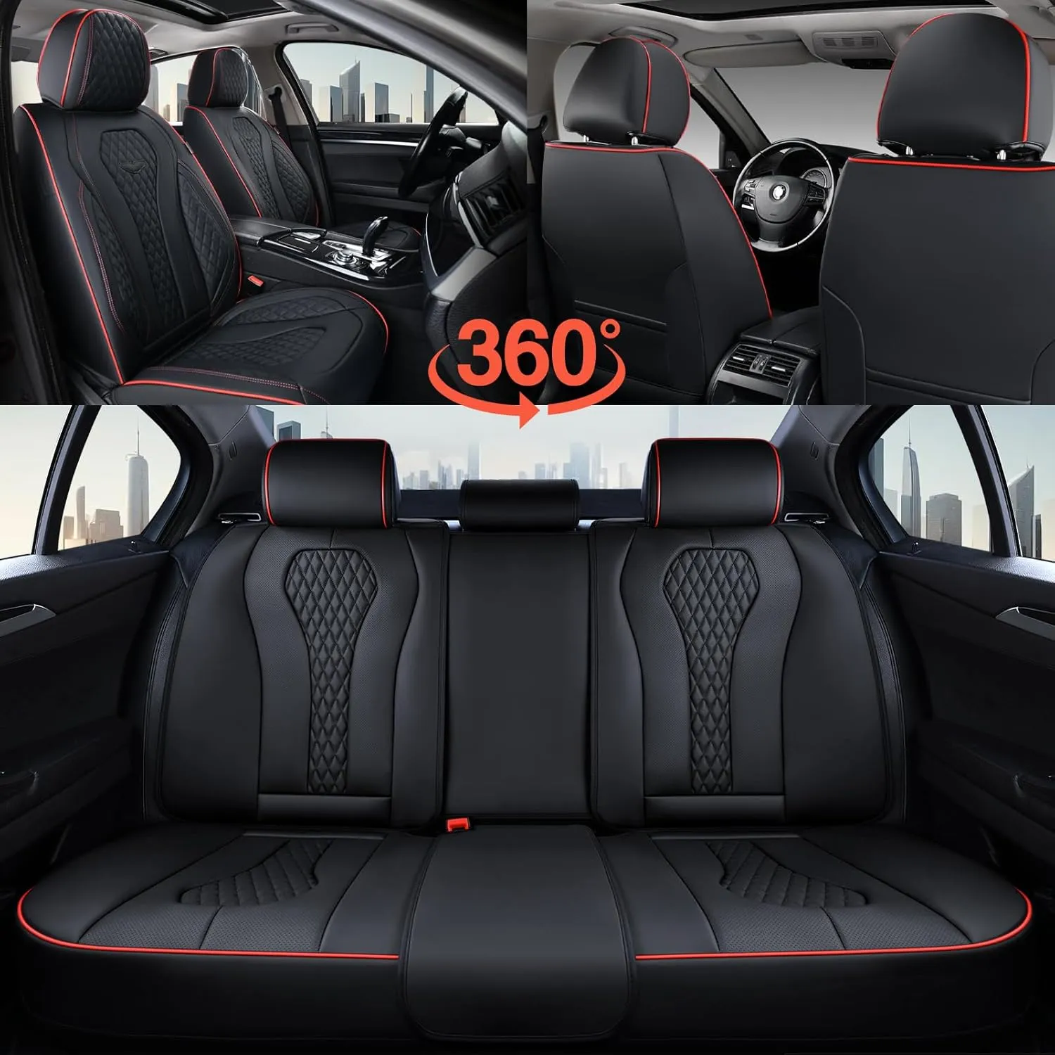 Coverado Car Seat Covers Full Set, Black Seat Covers, Waterproof Car Seat Cover, Car Seat Cushion, Car Seat Covers Front Seats Back Seat Covers, Car Seat Protector Universal Fit Most Cars Red Line