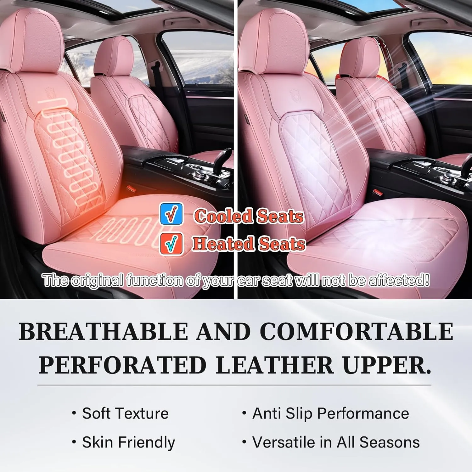 Coverado Front Seat Covers, Luxury Faux Leather Seat Covers for Cars, Pink Car Seat Covers, Car Seat Protector Waterproof, Automotive Interior Accessories Universal Fit for Most Sedans, SUVs, Trucks