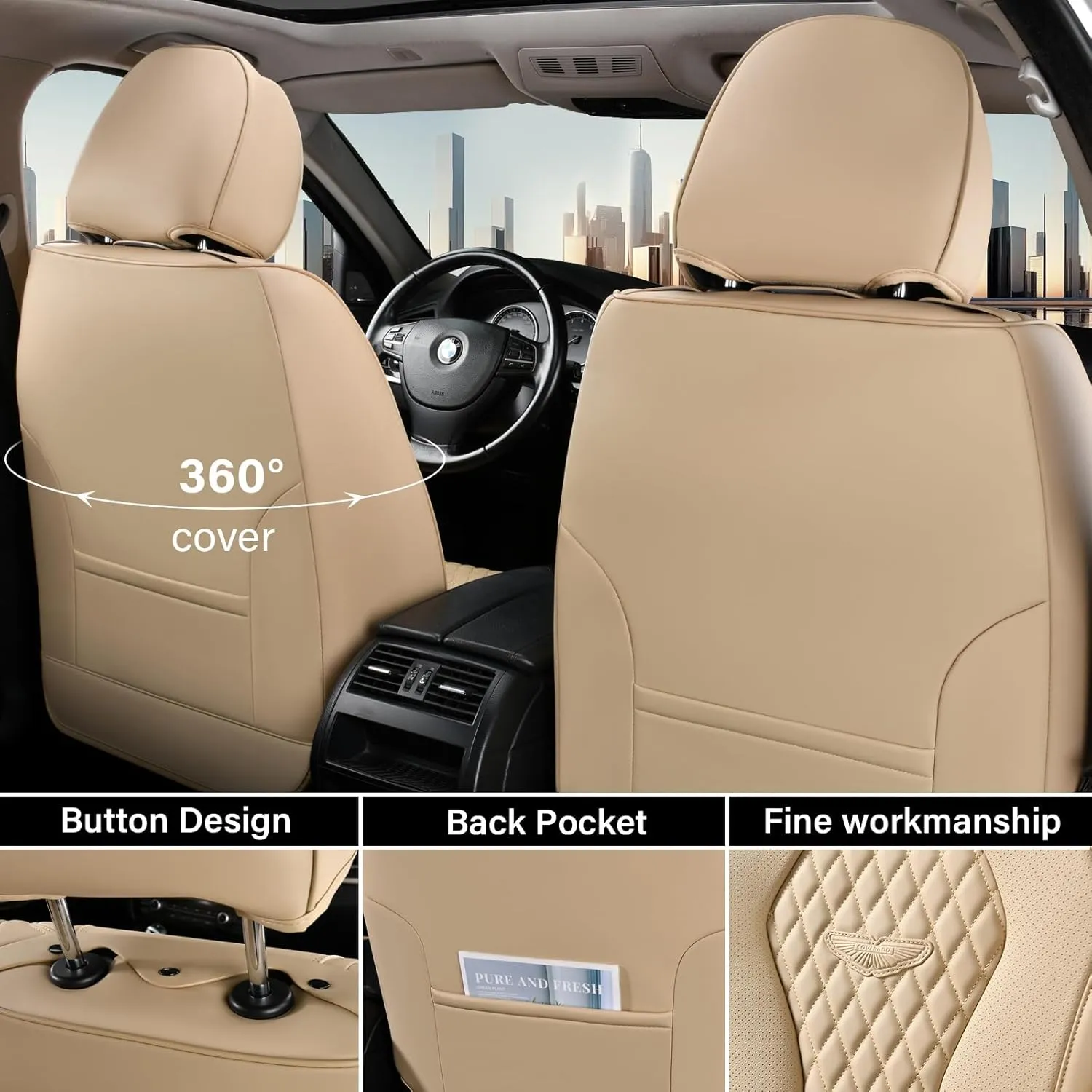 Coverado Seat Covers, Car Seat Covers Front Seats, Beige Car Seat Cover, Waterproof Car Seat Covers, Car Seat Cushion, Front Car Seat Covers Leatherette Car Seat Protector Universal Fit Most Cars
