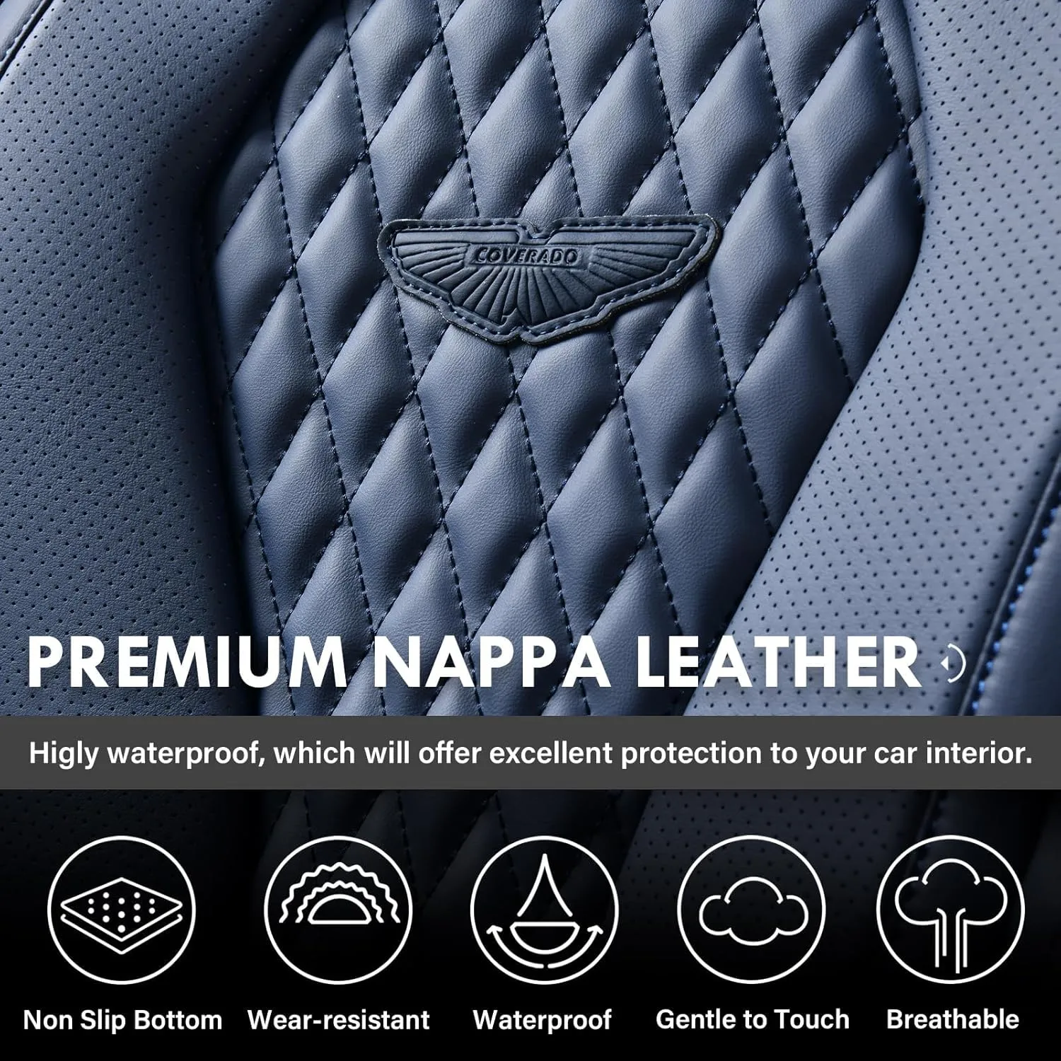 Coverado Seat Covers, Car Seat Covers Full Set, Blue Car Seat Cover, Car Seat Covers Front Seats Back Seat Cover, Waterproof Car Seat Cushion,Leather Seat Cover Seat Protector Universal Fit Most Cars