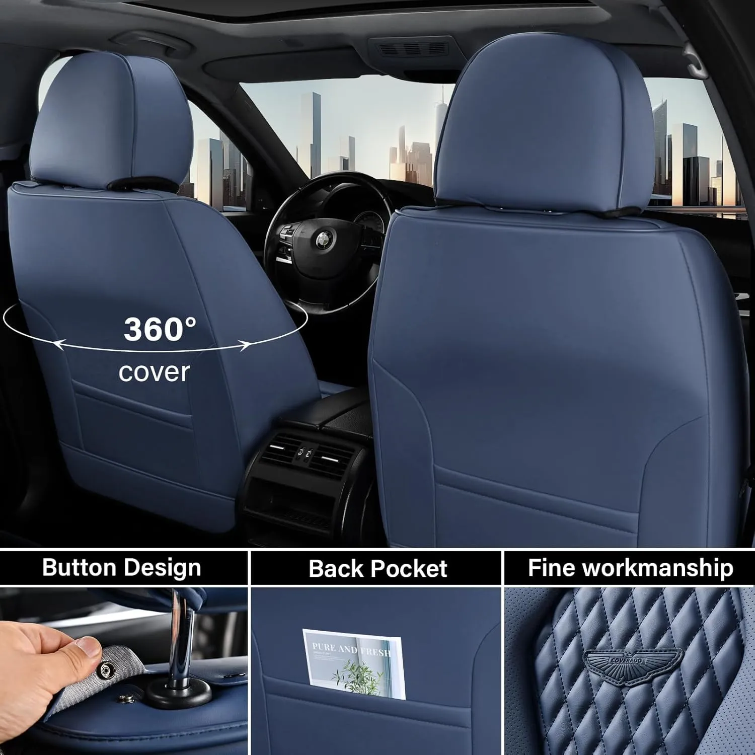 Coverado Seat Covers, Car Seat Covers Full Set, Blue Car Seat Cover, Car Seat Covers Front Seats Back Seat Cover, Waterproof Car Seat Cushion,Leather Seat Cover Seat Protector Universal Fit Most Cars