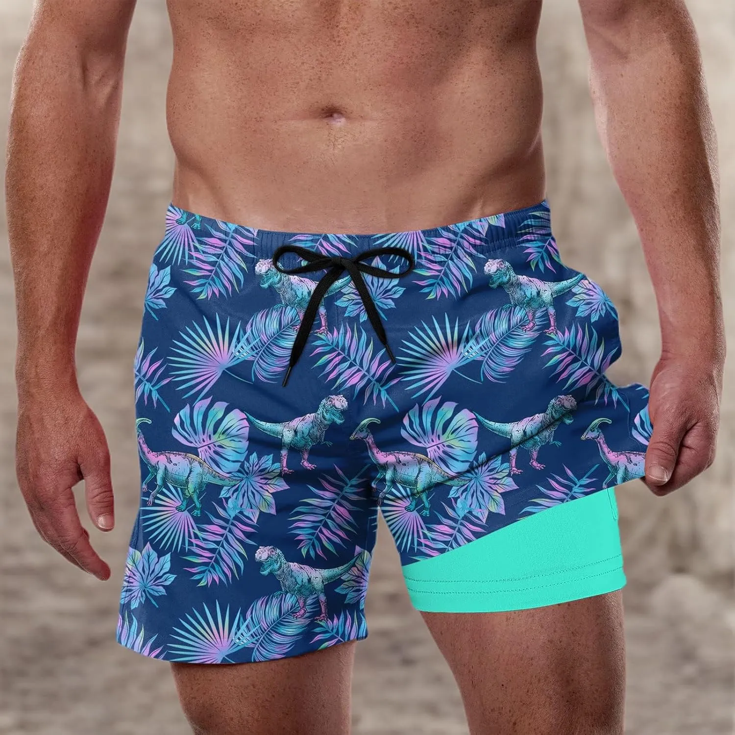 Cozople Mens Swim Trunks with Compression Liner 5.5" Inseam Quick Dry Bathing Suit Lightweight Swimming Shorts