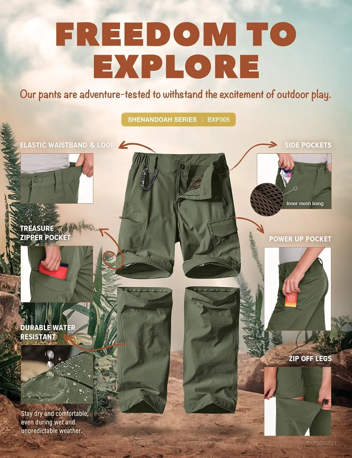 CQR Kids Youth Hiking Cargo Pants, UPF 50  Quick Dry Convertible Zip Off Pants, Outdoor Camping Pants