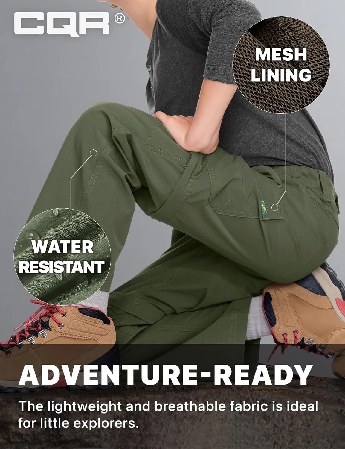 CQR Kids Youth Hiking Cargo Pants, UPF 50  Quick Dry Convertible Zip Off Pants, Outdoor Camping Pants