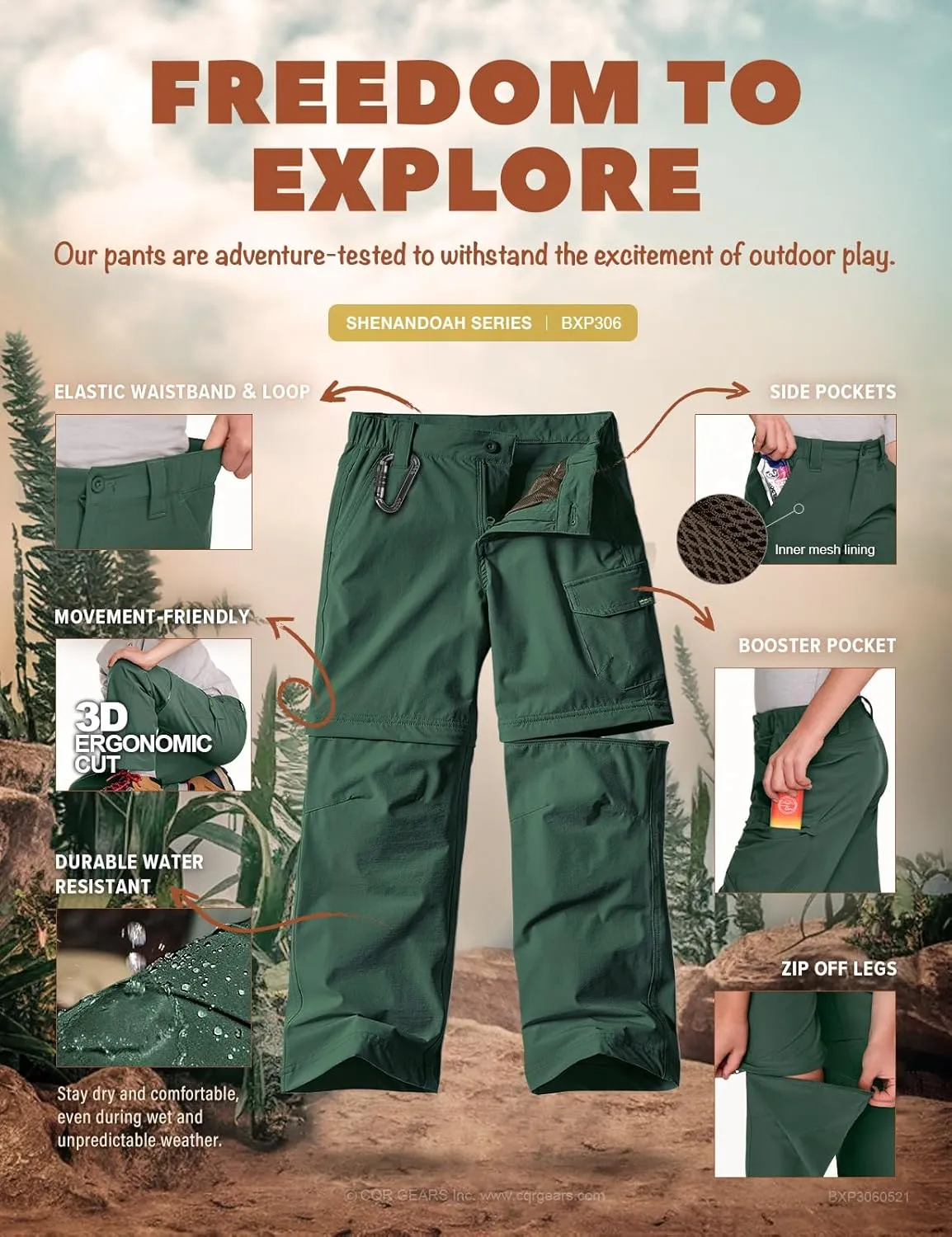 CQR Kids Youth Hiking Cargo Pants, UPF 50  Quick Dry Convertible Zip Off Pants, Outdoor Camping Pants
