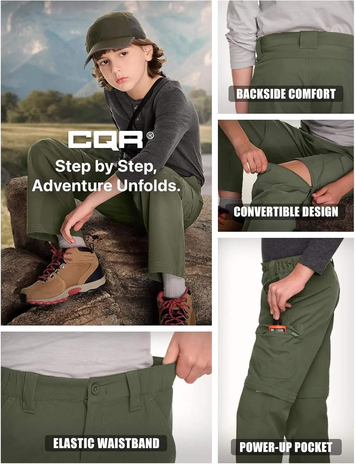 CQR Kids Youth Hiking Cargo Pants, UPF 50  Quick Dry Convertible Zip Off Pants, Outdoor Camping Pants