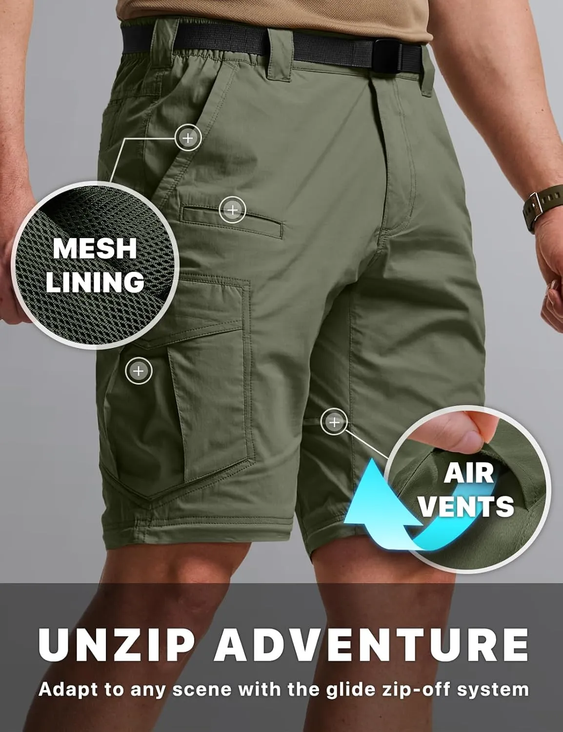 CQR Men's Convertible Cargo Tactical Pants, Water Resistant Outdoor Hiking Pants, Zip Off Lightweight Stretch Work Pants